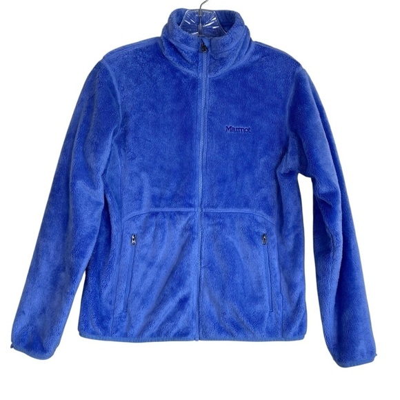 Marmot Cornflower Blue Warm Fuzzy Zip Up Fleece Jacket Mock Neck Pockets Sz M - Picture 1 of 16